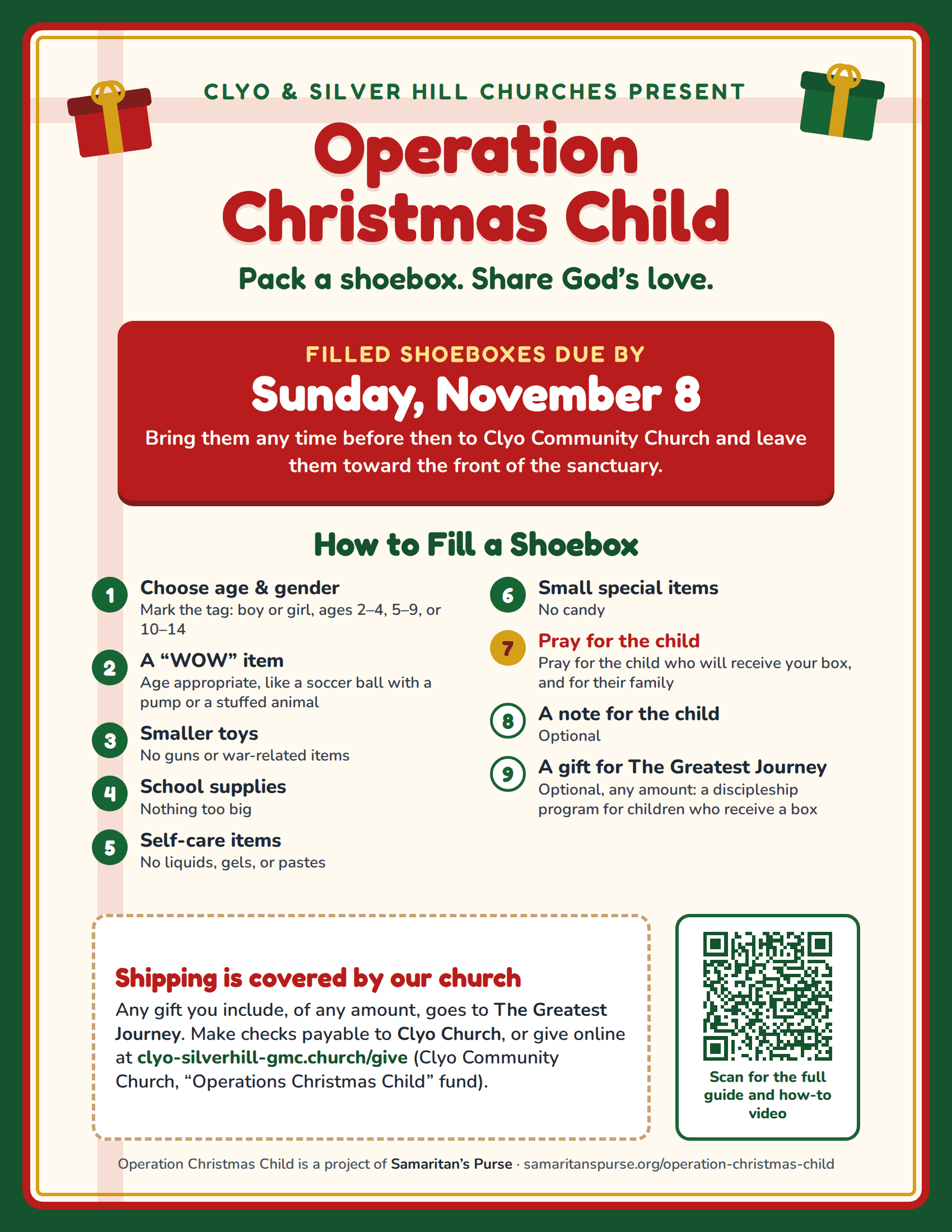 Operation Christmas Child flyer: filled shoeboxes due by Sunday, November 8 at Clyo Community Church, with steps for filling a shoebox