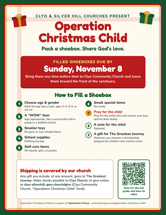 Operation Christmas Child flyer: filled shoeboxes due by Sunday, November 8 at Clyo Community Church, with steps for filling a shoebox